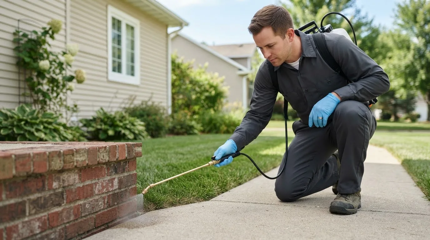 Pest control technician treating a home near Delaware, OK